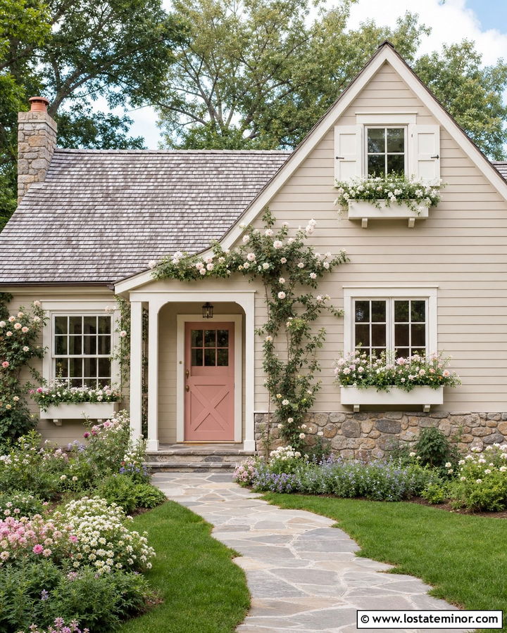 Tan Cottage House With Pink Dutch Door - 30 Tan House Design With Dutch Door Ideas