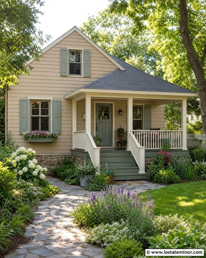 Tan Cottage House With Sage Green Deck - 30 Tan House Design With Deck Ideas