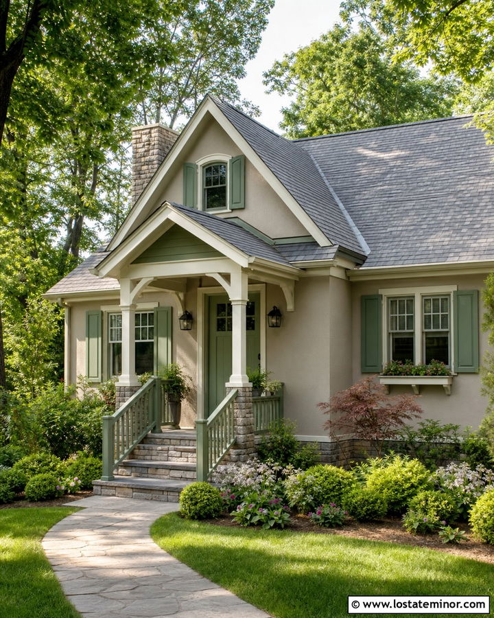 Tan Cottage House With Sage Green Porch - 30 Tan House Design With Front Porch Ideas