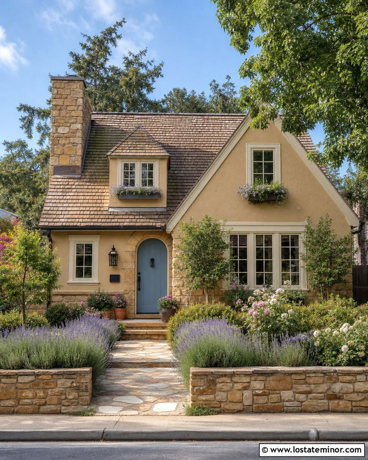 Tan Cottage House With Sandstone Accents - 30 Tan House Design With Stone Accents Ideas