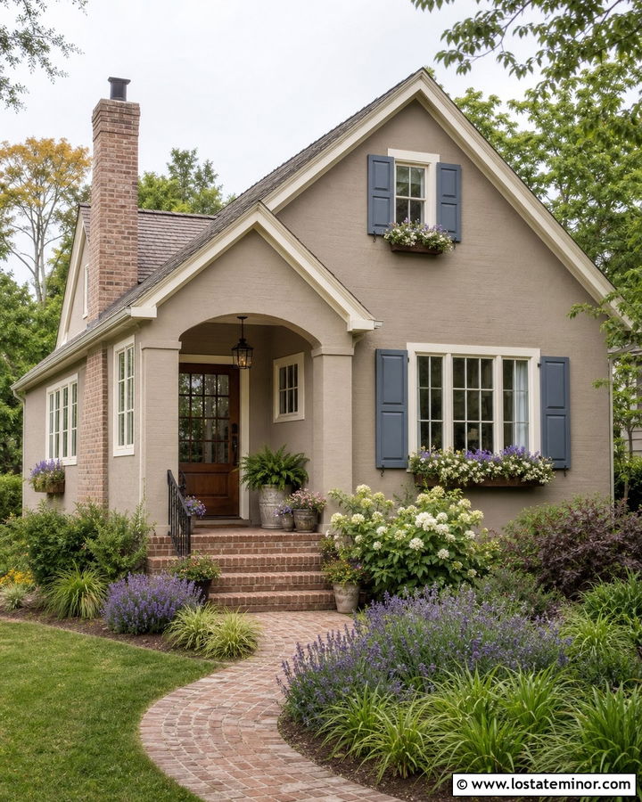 Tan Cottage House With Soft Red Brick - 30 Tan House Design With Brick Accents Ideas