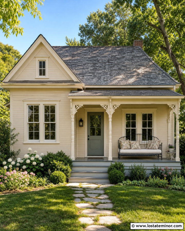 Tan Cottage House With Vintage Metal Daybed - 30 Tan House Design With Daybed Ideas