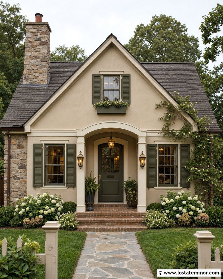 Tan Cottage With Aged Brass Sconces - 30 Tan House Design With Light Fixtures Ideas