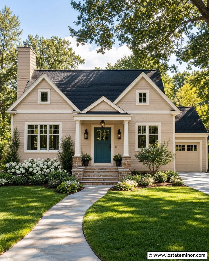 Tan Cottage With Black Shingles And Teal Door - 30 Tan House Design With Shingles Ideas