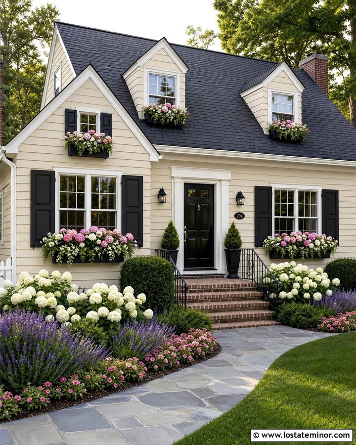 Tan Cottage With Black Window Boxes - 30 Tan House Design With Window Boxes Ideas