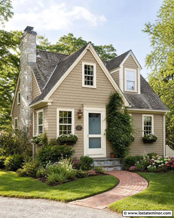 Tan Cottage With Cream Storm Door - 30 Tan House Design With Storm Door Ideas