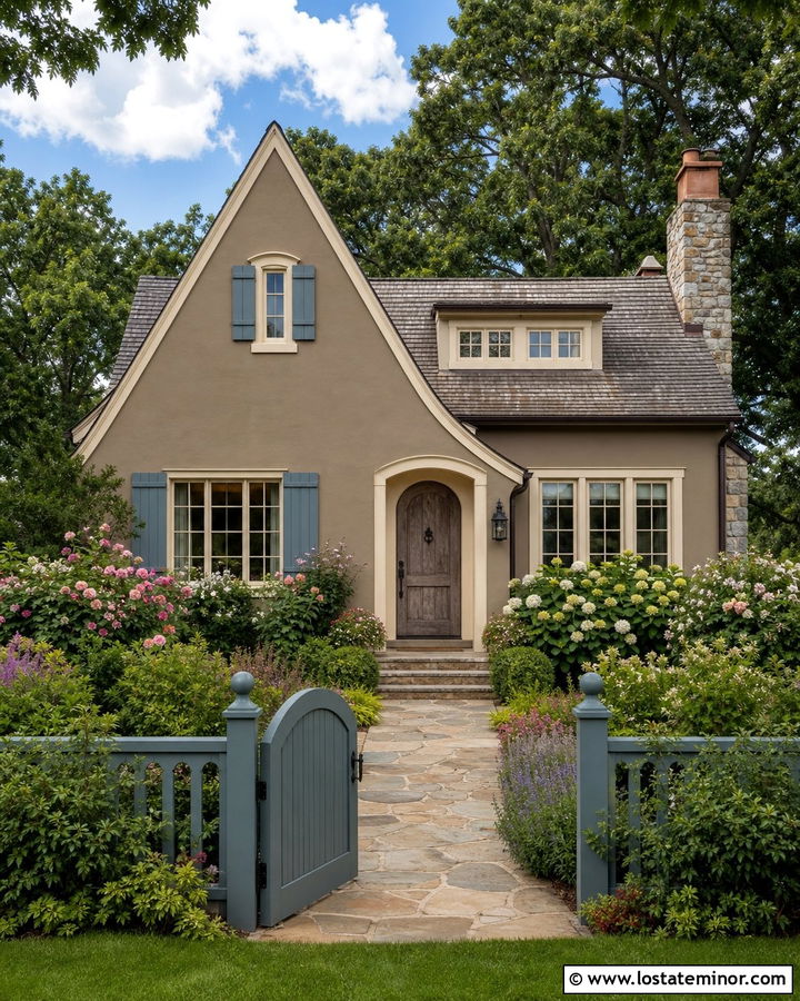 Tan Cottage With Garden Fence - 30 Tan House Design With Fence Ideas