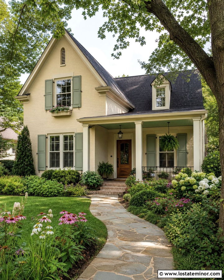 Tan Cottage With Sage Green Porch Ceiling - 30 Tan House Design With Porch Ceiling Ideas