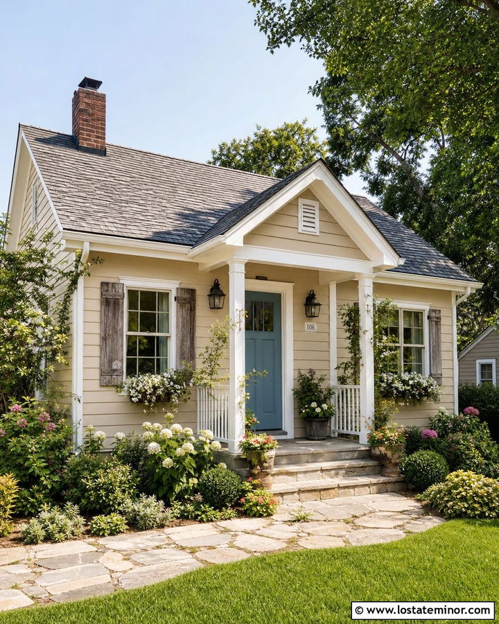 Tan Cottage With White Porch Posts - 30 Tan House Design With Porch Columns Ideas