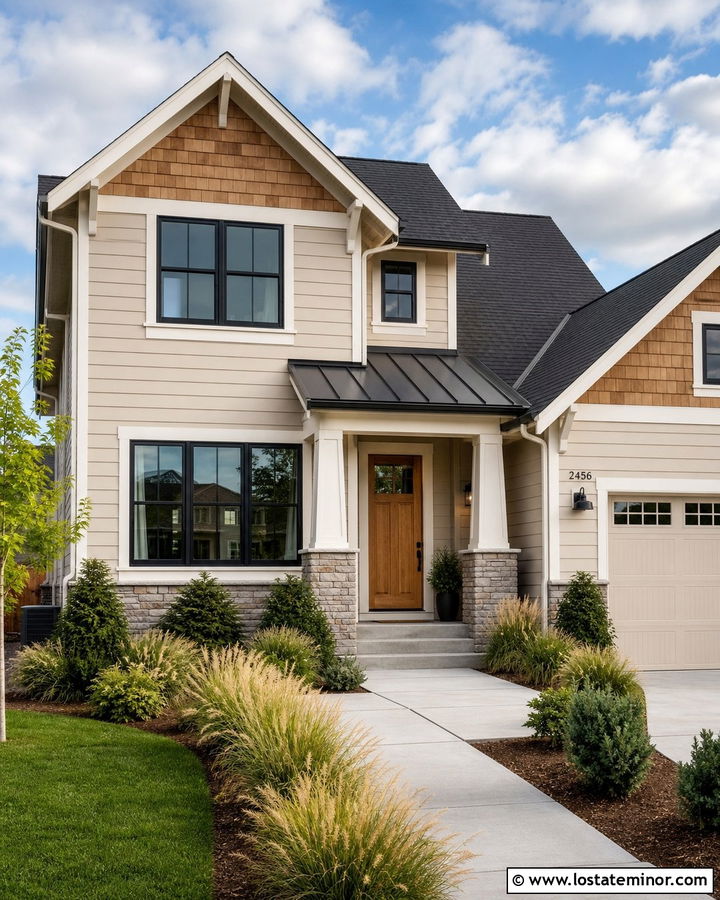 Tan Craftsman House With Black Metal Awning - 30 Tan House Design With Awning Ideas