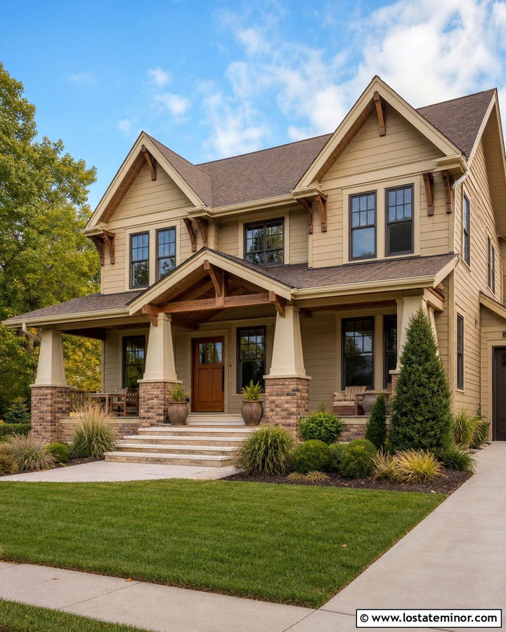 Tan Craftsman House With Brick Porch Columns - 30 Tan House Design With Brick Accents Ideas