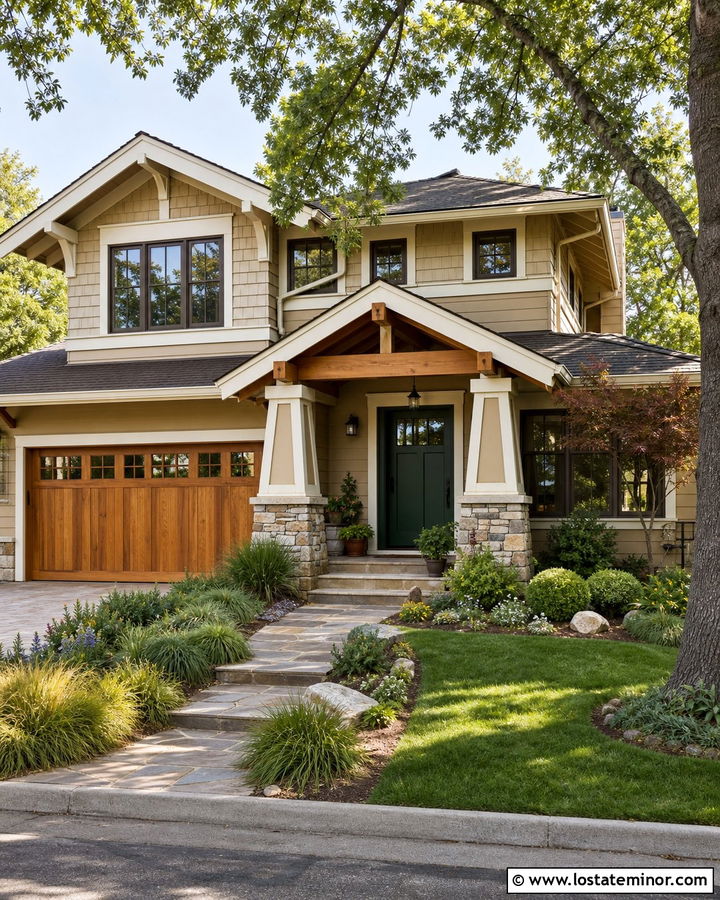 Tan Craftsman House With Cedar Bracket Awning - 30 Tan House Design With Awning Ideas