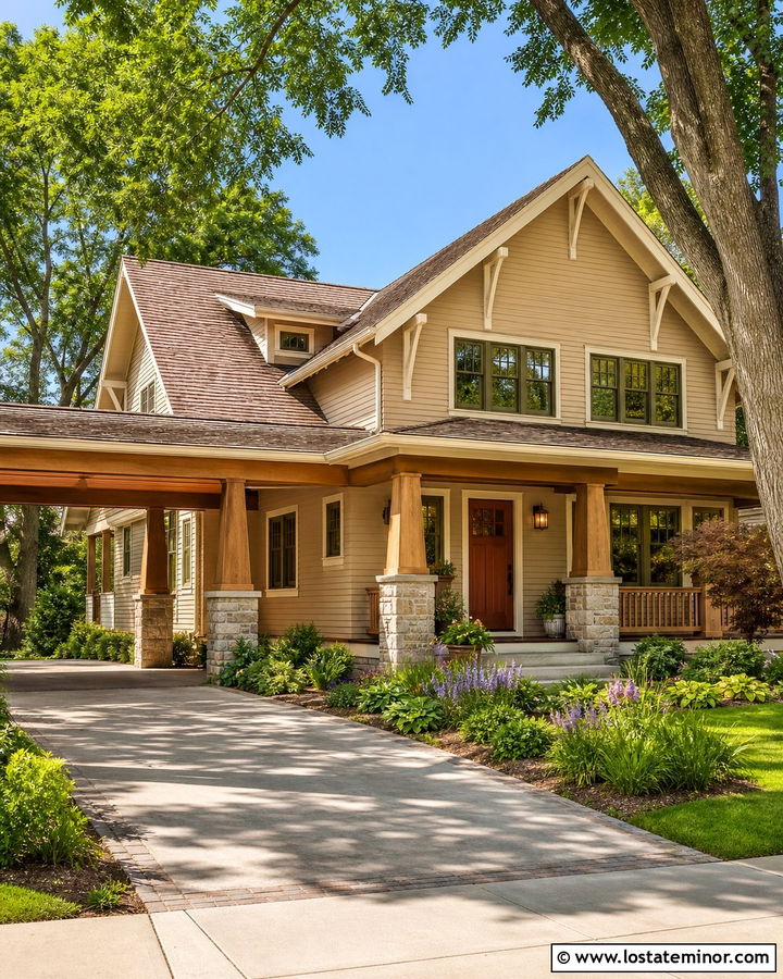 Tan Craftsman House With Cedar Carport - 30 Tan House Design With Carport Ideas