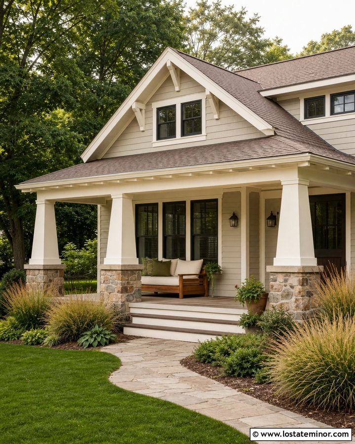 Tan Craftsman House With Cedar Porch Daybed - 30 Tan House Design With Daybed Ideas