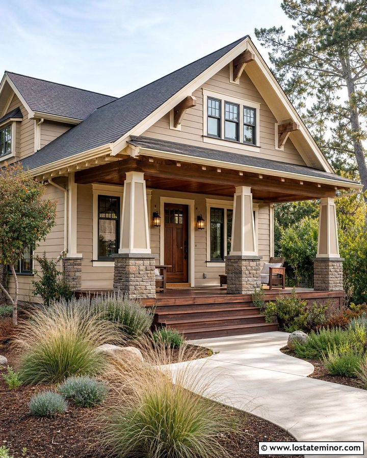 Tan Craftsman House With Cedar Porch - 30 Tan House Design With Front Porch Ideas