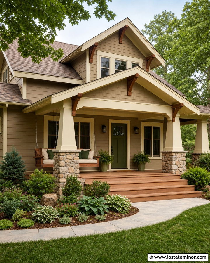 Tan Craftsman House With Cedar Swing - 30 Tan House Design With Swing Ideas
