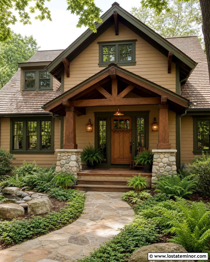 Tan Craftsman House With Copper Lights - 30 Tan House Design With Light Fixtures Ideas