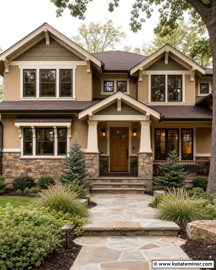 Tan Craftsman House With Fieldstone Wainscoting - 30 Tan House Design With Wainscoting Ideas