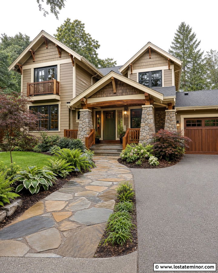 Tan Craftsman House With Flagstone Walkway - 30 Tan House Design With Walkway Ideas