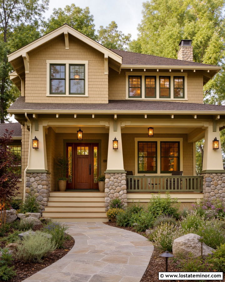 Tan Craftsman House With Mission Lights - 30 Tan House Design With Lighting Ideas