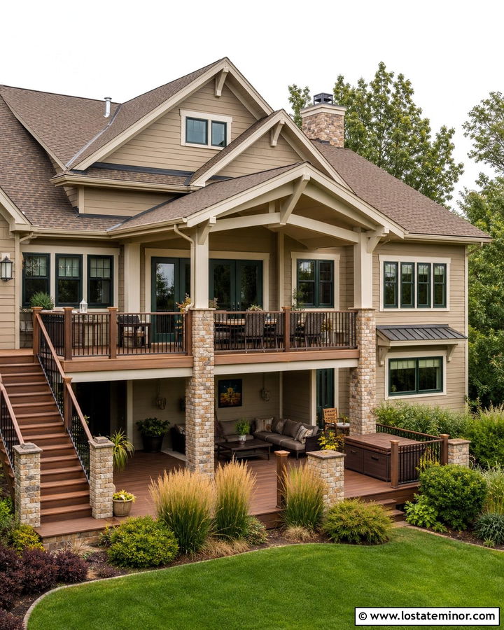 Tan Craftsman House With Multi Level Deck - 30 Tan House Design With Backyard Ideas