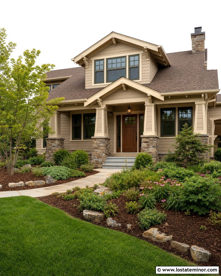 Tan Craftsman House With Native Plant Landscaping - 30 Tan House Design With Landscaping Ideas