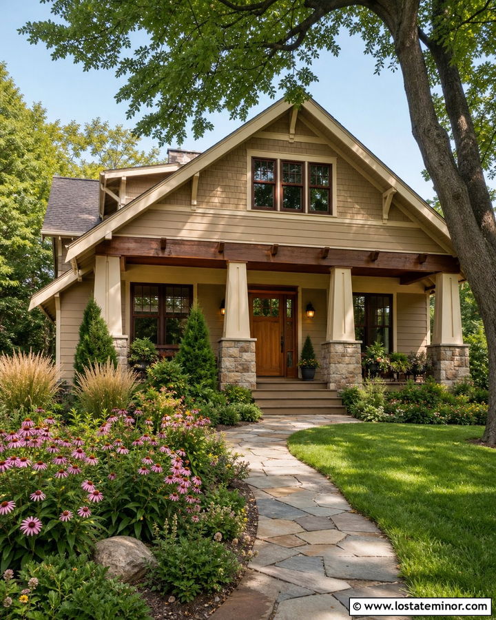 Tan Craftsman House With Natural Wood And Native Plants - 30 Tan House Design With Front Yard Ideas
