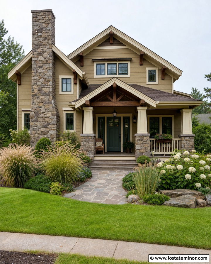 Tan Craftsman House With Stone Chimney - 30 Tan House Design With Chimney Ideas