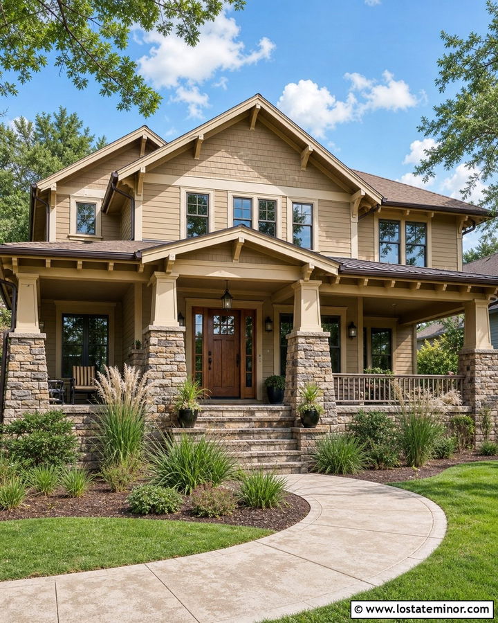 Tan Craftsman House With Stone Columns - 30 Tan House Design With Stone Accents Ideas