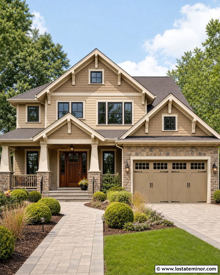 Tan Craftsman House With Stone Gables - 30 Tan House Design With Gables Ideas