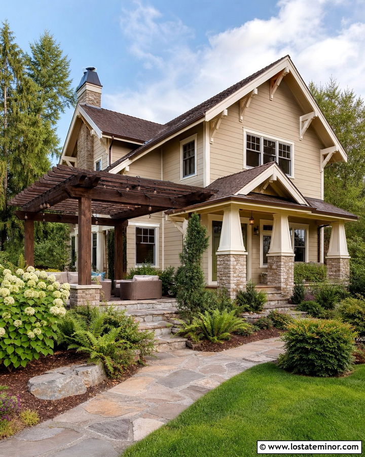 Tan Craftsman House With Stone Patio Pergola - 30 Tan House Design With Pergola Ideas