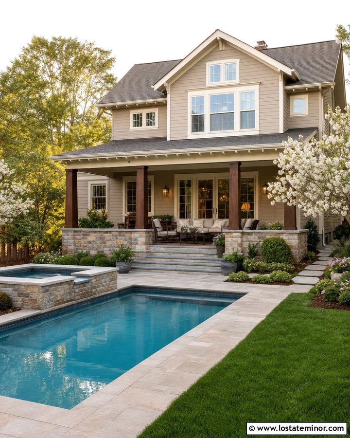 Tan Craftsman House With Stone Pool Deck - 30 Tan House Design With Swimming Pool Ideas