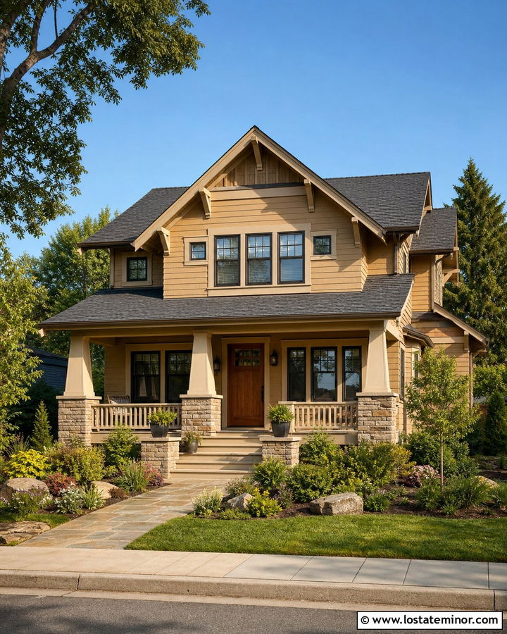 Tan Craftsman House With Tapered Columns - 30 Tan House Design With Porch Columns Ideas