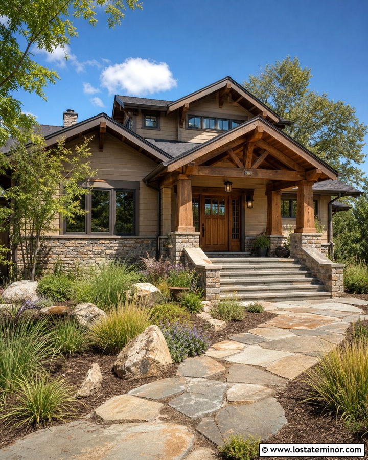 Tan Craftsman House With Timber Portico - 30 Tan House Design With Portico Ideas