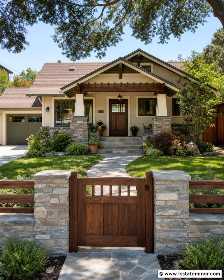 Tan Craftsman House With Wood Gate - 30 Tan House Design With Fence Ideas