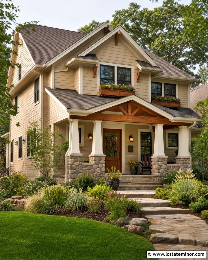 Tan Craftsman With Cedar Window Boxes - 30 Tan House Design With Window Boxes Ideas
