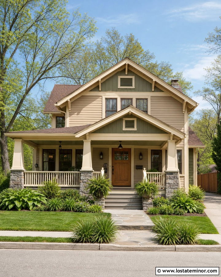 Tan Craftsman With Olive Green Porch Ceiling - 30 Tan House Design With Porch Ceiling Ideas