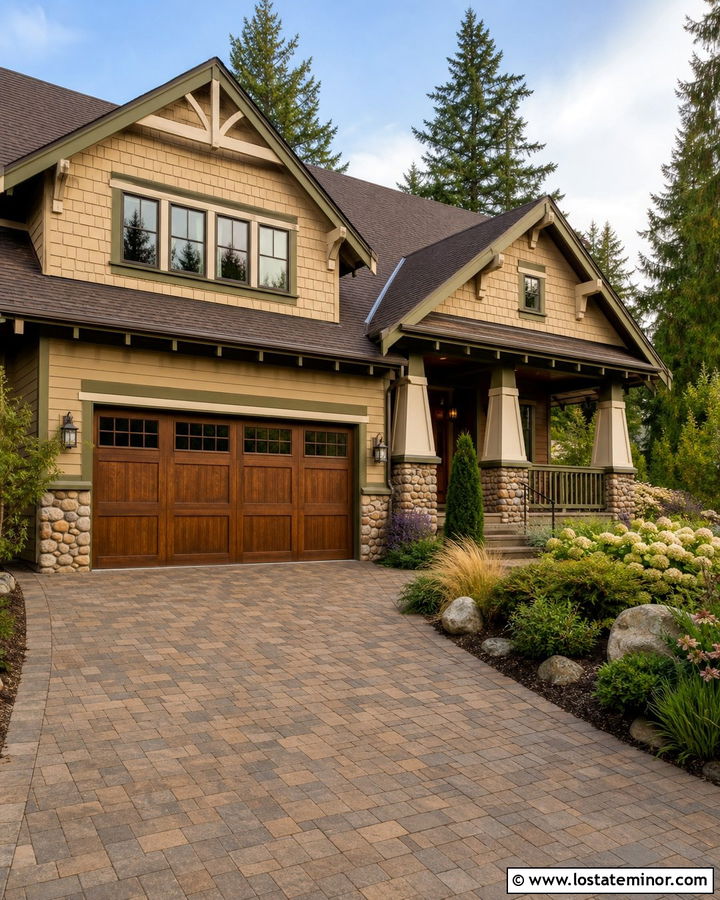Tan Craftsman With Paver Driveway - 30 Tan House Design With Driveway Ideas