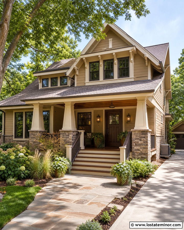 Tan Craftsman With Stained Wood Porch Ceiling - 30 Tan House Design With Porch Ceiling Ideas