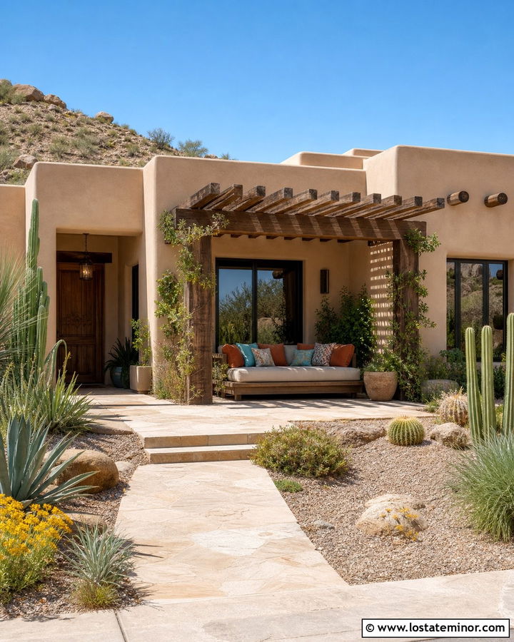 Tan Desert House With Shaded Daybed - 30 Tan House Design With Daybed Ideas