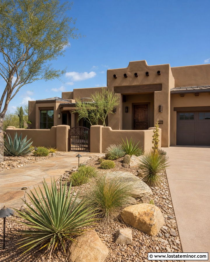 Tan Desert House With Stucco Fence - 30 Tan House Design With Fence Ideas