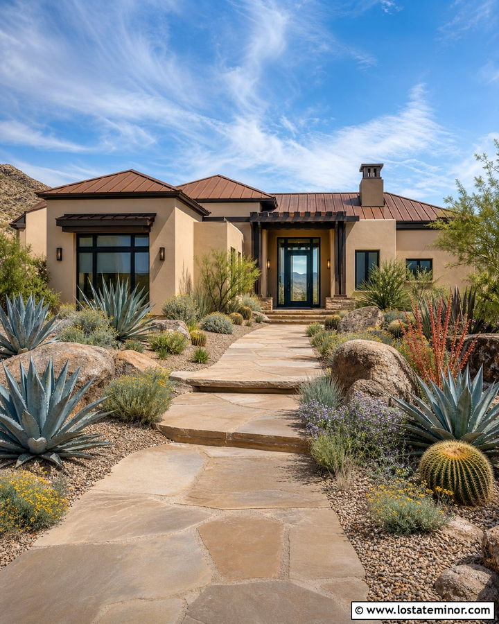 Tan Desert House With Succulent Front Yard - 30 Tan House Design With Front Yard Ideas