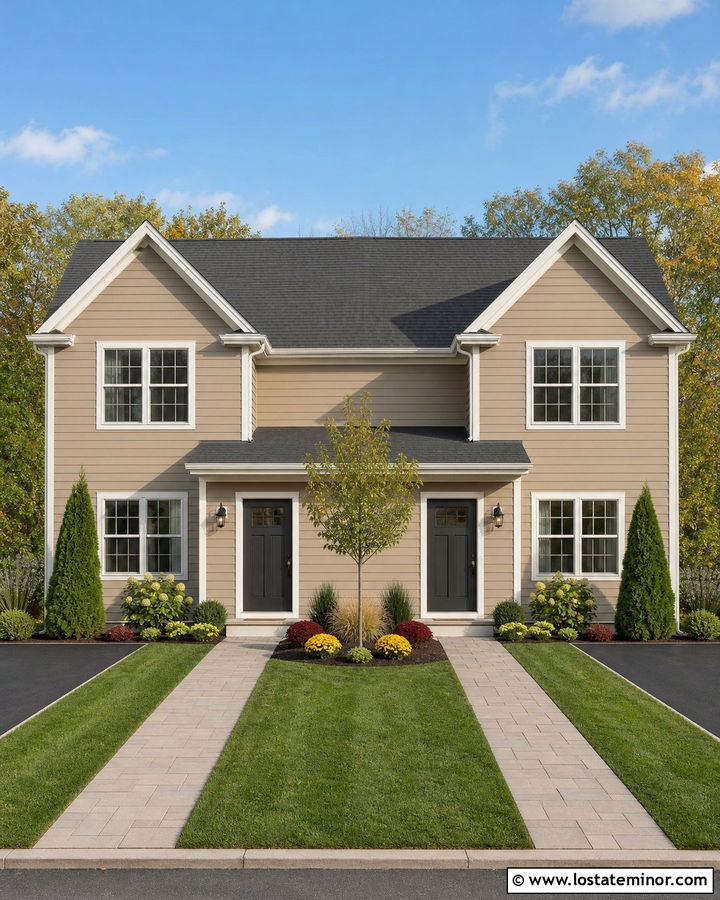 Tan Duplex House With Symmetrical Front Landscaping - 30 Tan House Design With Front Yard Ideas
