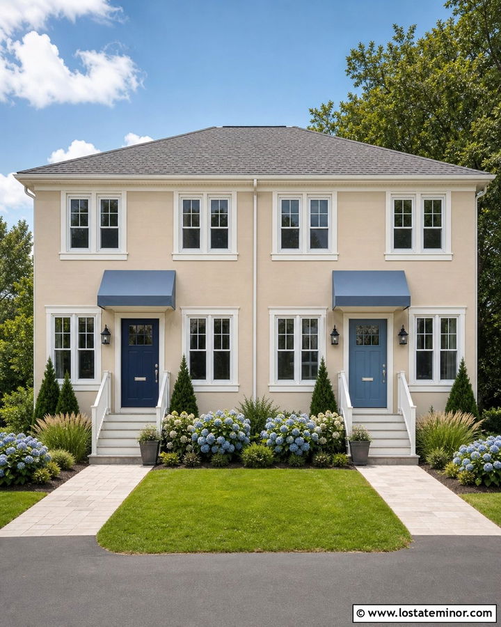 Tan Duplex With Dusty Blue Awnings - 30 Tan House Design With Awning Ideas
