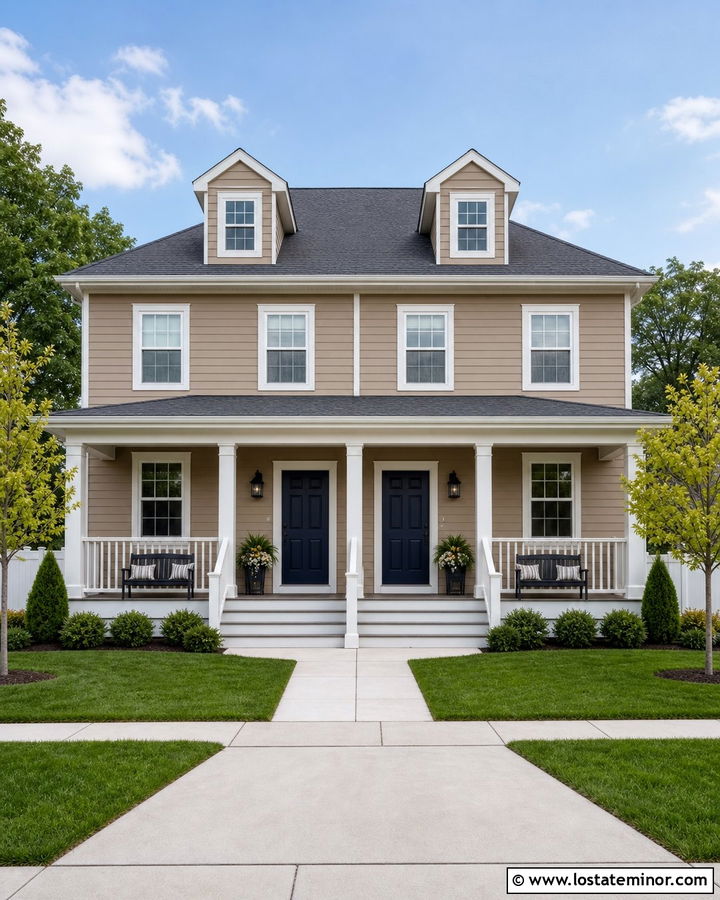 Tan Duplex With Shared Front Porch - 30 Tan House Design With Front Porch Ideas