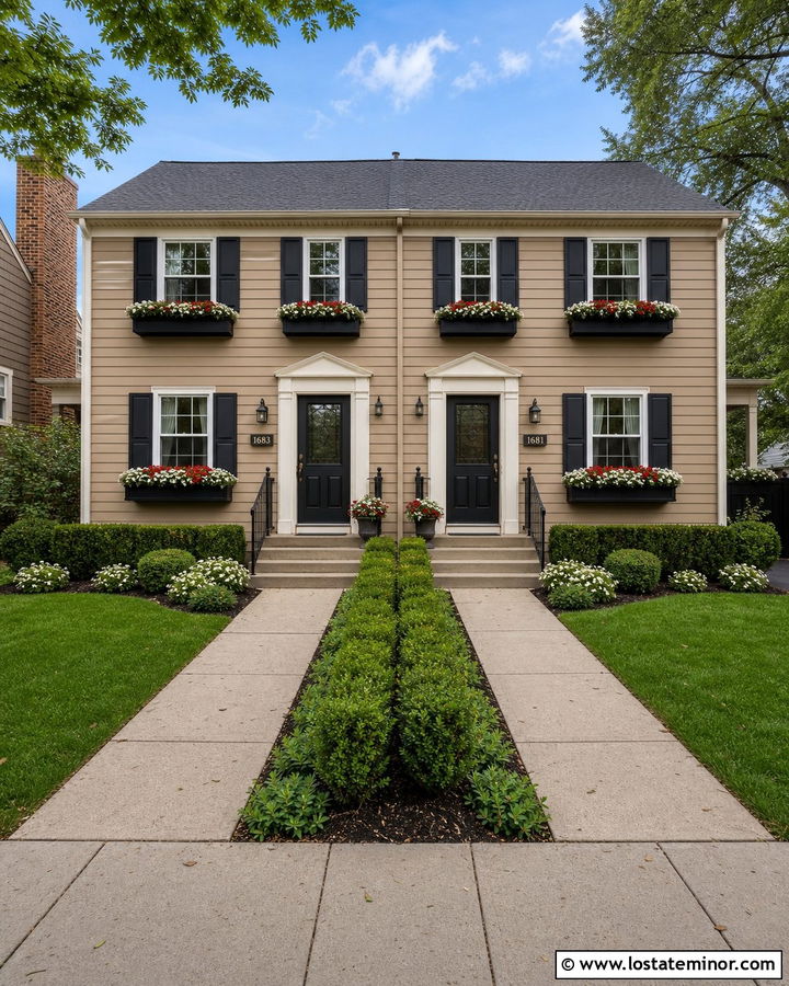 Tan Duplex With Symmetrical Window Boxes - 30 Tan House Design With Window Boxes Ideas