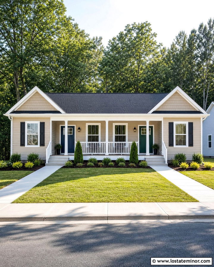 Tan Duplex With White Vinyl Porch Ceiling - 30 Tan House Design With Porch Ceiling Ideas