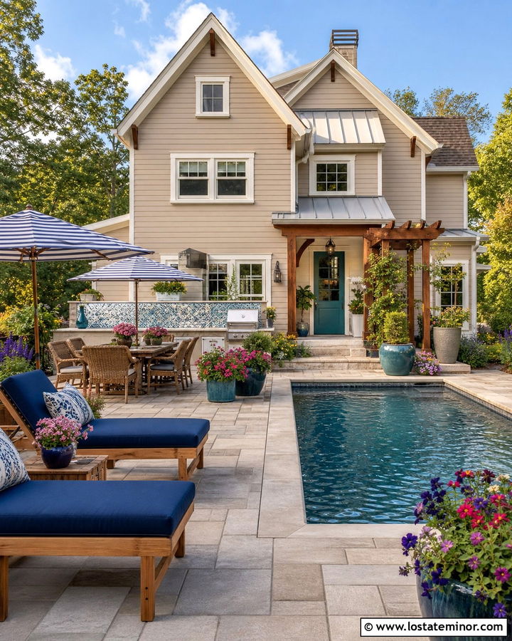 Tan Eclectic House With Colorful Pool Patio - 30 Tan House Design With Swimming Pool Ideas