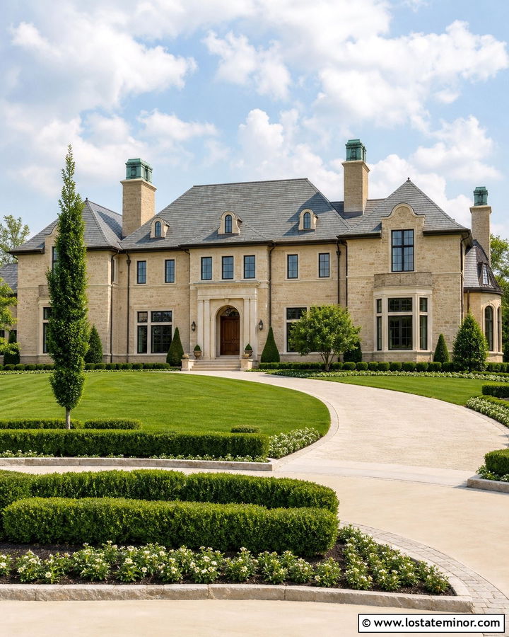 Tan Estate House With Copper Capped Chimneys - 30 Tan House Design With Chimney Ideas