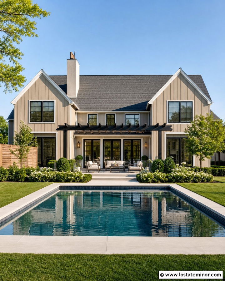 Tan Farmhouse With Black Pool Accents - 30 Tan House Design With Swimming Pool Ideas